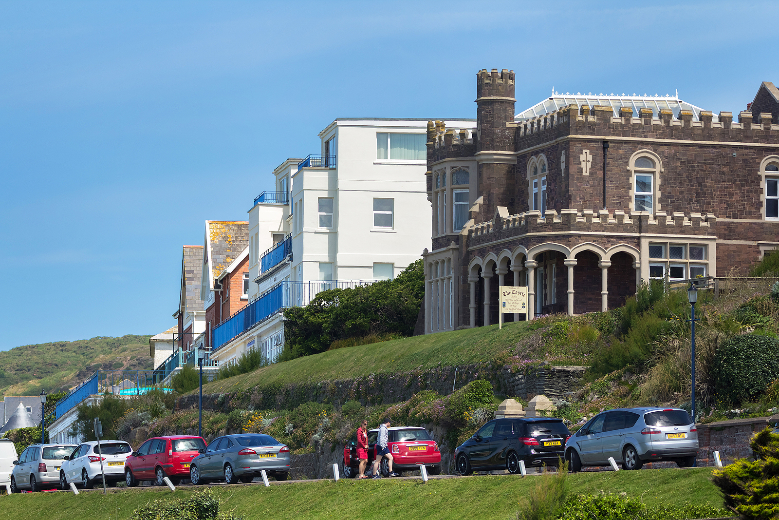 Wessex Healthcare supplies quality mobility products and independent living aids to the less abled and disabled Woolacombe Devon England 14 July 2016: Hotels by the sea near the popular beach of Woolakomb. Cars are parked nearby. Devon. England